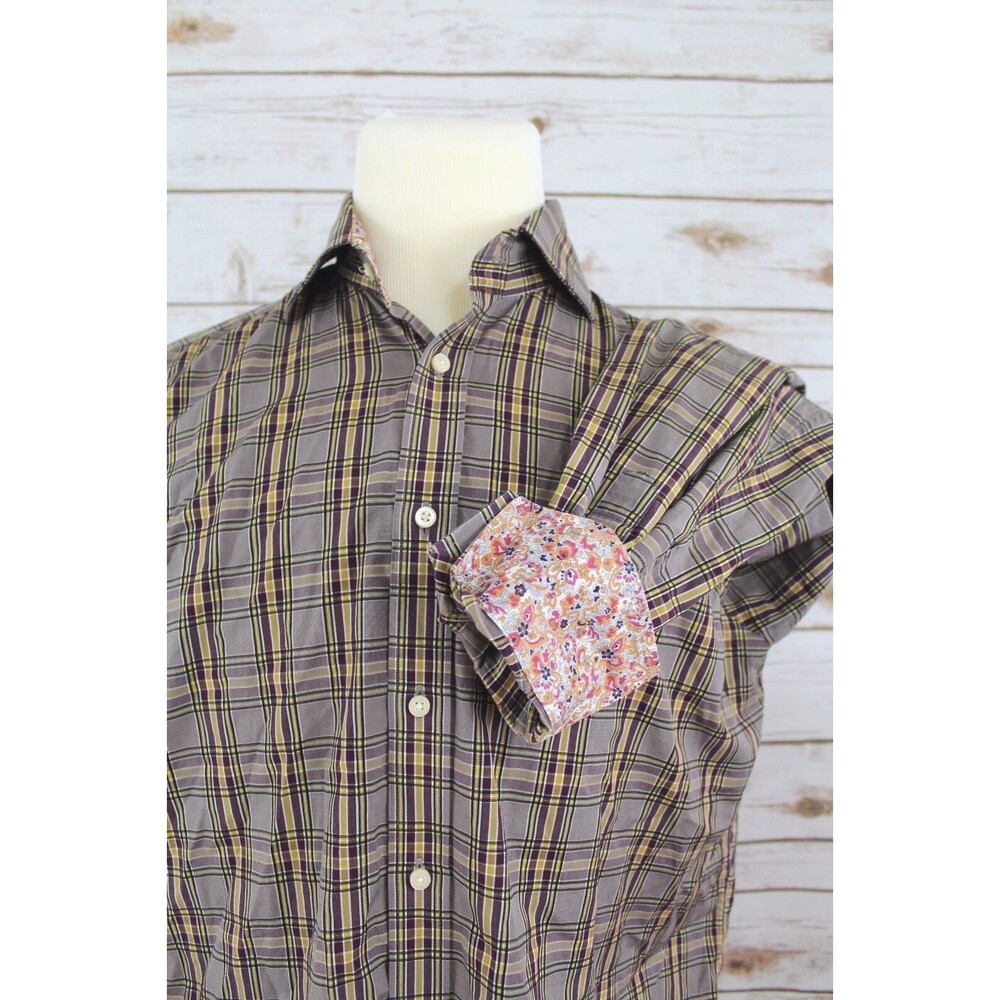 Thomasβ Dean Men's size L L/S Button-Front purple yellow Plaid Flip Cuff paisley